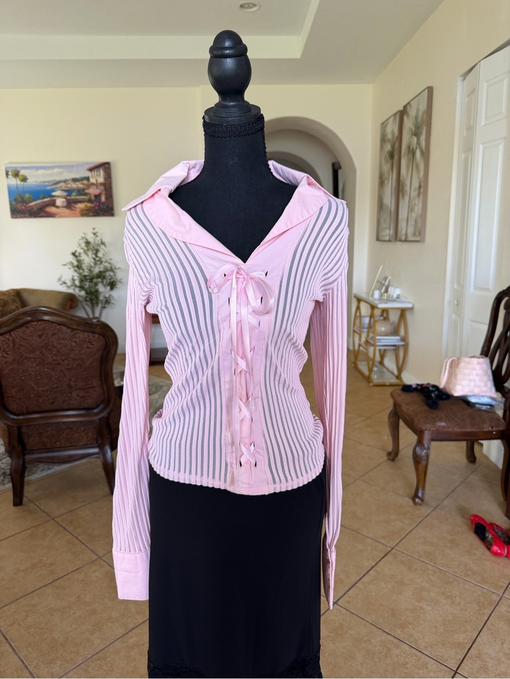 Made in Italy Viscose Women's Pink Lace-Up Ribbed Top